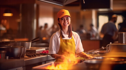 young adult woman wearing a cooking apron in a professional kitchen, cooking, restaurant or pub, job and work, working cooking