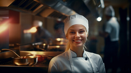 young adult woman wearing a cooking apron in a professional kitchen, cooking, restaurant or pub, job and work, working cooking