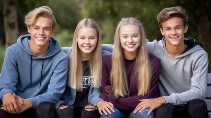 Obraz premium young teenagers, underage teenagers, outside in autumn clothes with hat and jacket, group or friends, classmates, schoolyard or fictional place