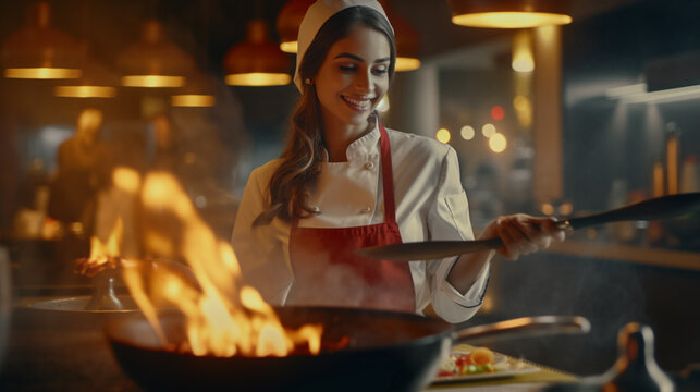 Young Adult Woman Wearing A Cooking Apron In A Professional Kitchen At The Stove With Fire And Flames And Frying Pan, Cooking, Restaurant Or Pub, Job And Work, Working Cooking