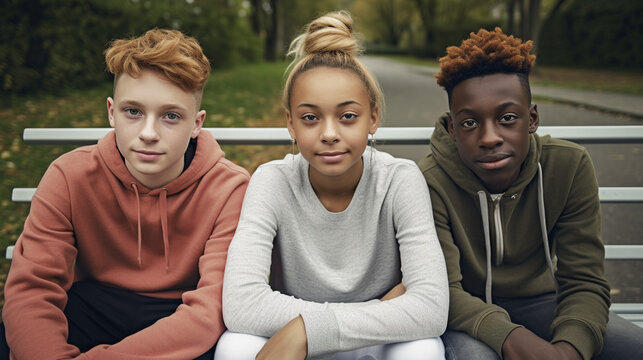 young teenagers, underage teenagers, outside in autumn clothes with hat and jacket, friends multicultural multiracial multiethnic, group or friends, classmates, schoolyard or fictional place