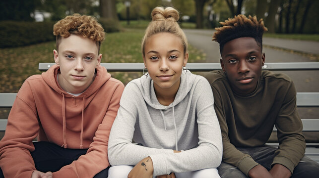 young teenagers, underage teenagers, outside in autumn clothes with hat and jacket, friends multicultural multiracial multiethnic, group or friends, classmates, schoolyard or fictional place