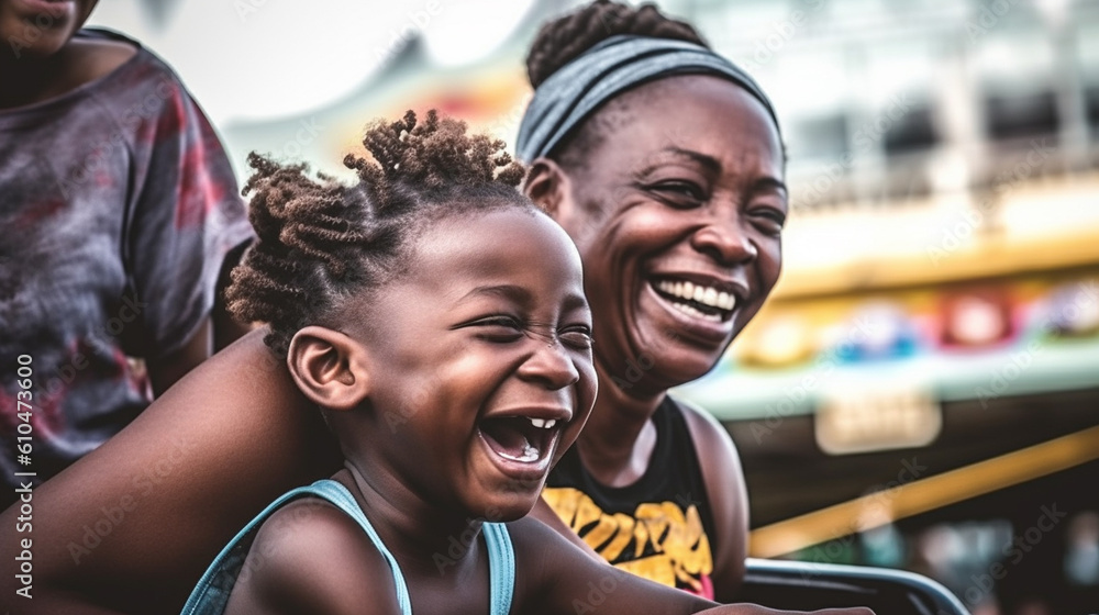 Wall mural mature adult middle aged woman with her two children, daughters, daughter and mother, riding roller coaster roller coaster, fun joy and adrenaline rush