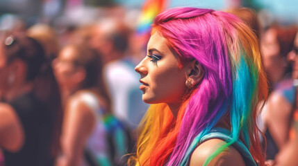 event or protest march or demonstration or festival for LGBTQ for gays and lesbians, queer and lesbian, diverse and undecided, people, crowd, young adults with LGBTQ flags and LGBTQ flags