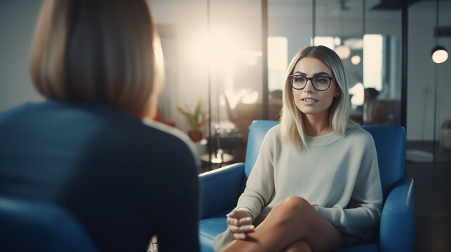 young adult woman at the psychologist or at an interview or with a friend having small talk, talking and having a conversation