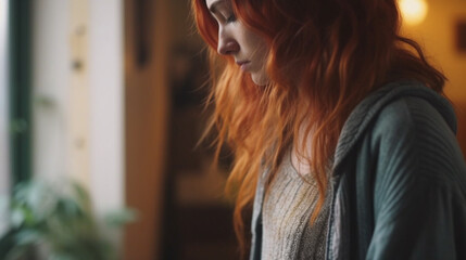 sad young adult woman at home