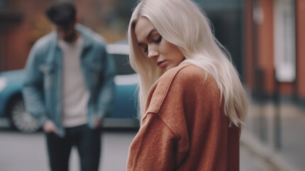 Fototapeta premium adult man and woman, negative mood and sad or disappointed face expression, problem and worries, fictional happening