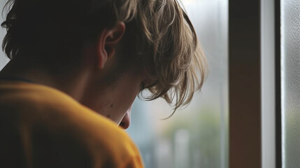 young adult man at home by the window, looking out of the window, rainy gray cloudy weather