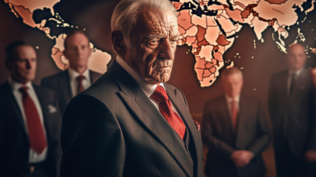 an all-important elite, conspiracy, conspiracy theory, abstract, in red tones with older gentlemen, men in suits and red ties in front of a world map, global influences