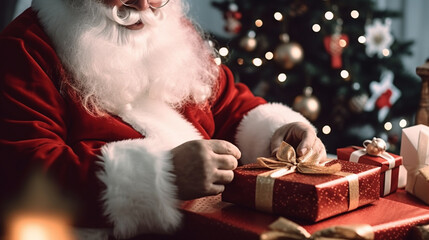 hands of santa claus wrap a gift, wrapping paper and gift wrap, christmas present, santa claus in red santa claus costume, closeup at home © wetzkaz
