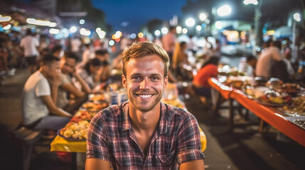 a young adult male at a table at a night market with street food and local restaurants in an asian country, fictional location