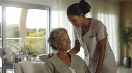 Obraz premium gentle trained nurse helping mature patient in modern indoor nursing home or retirement home or hospital or health resort, fictional place