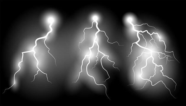 Set of lightning strike on black background