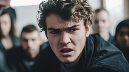 teenage girls and boys, bad mood anger and hate, upset and disappointed or arrogance or unfriendly loud behavior, teens with friends