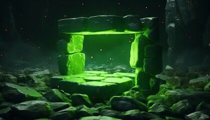 3d render, abstract neon green background with glowing square frame and cobblestone rocks ruins. Generative ai