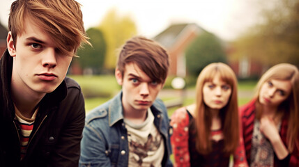 teenage girls and boys, bad mood anger and hate, upset and disappointed or arrogance or unfriendly loud behavior, teens with friends