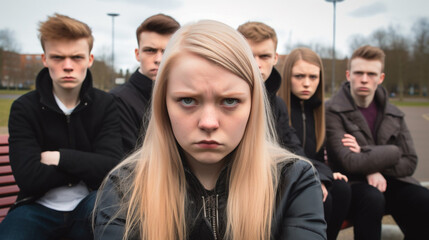 Obraz premium teenage girls and boys, bad mood or with fake emotions to show off, overdramatized behavior or arrogance or unfriendly loud behavior, teenagers with friends
