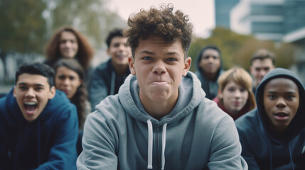 teenager boy with fake emotions to show off, overdramatized behavior or arrogance or unfriendly loud behavior, teenager with friends in the park sitting on a park bench - obrazy, fototapety, plakaty
