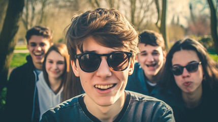 teenager boy with fake emotions to show off, overdramatized behavior or arrogance or unfriendly loud behavior, teenager with friends in the park sitting on a park bench - obrazy, fototapety, plakaty