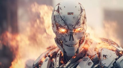 burning robot at war, robot humanoid android with artificial intelligence, fire and flames, suffering and destruction, war zone or end of the world and end of humanity or autonomous war weapon