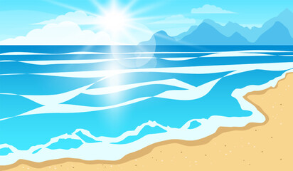 Fototapeta na wymiar Vector illustration of a beautiful summer landscape of sandy beach by the sea with bright sun rays.