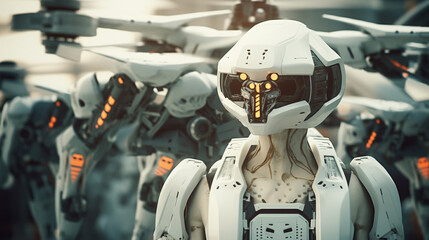 humanoid machine as a weapon, technology and artificial intelligence, drone technology, a drone and humanoid android as a robot, white exterior, fictional location