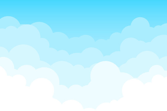 Cartoon cloudy sky on a sunny day, a view above cloud formation. Vector illustration.