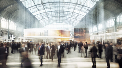 people in motion, fictional place, blurred as background