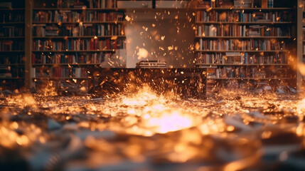 burning library or books, fire and flames, destroy and burn or fire by willful arson - obrazy, fototapety, plakaty