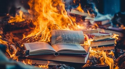burning library or books, fire and flames, destroy and burn or fire by willful arson