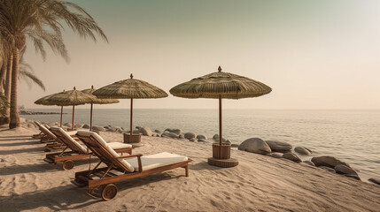 sun loungers and sun chairs with umbrella on the sandy beach overlooking the sea, water and beach, fictional place, lonely and empty, untouched nature