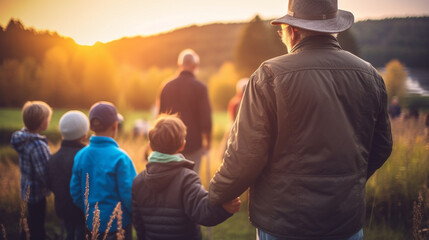 old man, senior with grandchildren and family in nature on a meadow in the countryside, near a small town or village, at sunset with four small children - obrazy, fototapety, plakaty