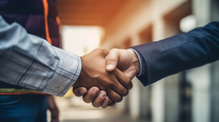 two adult men shake hands, make peace with neighbor or sign contract, advice and sale, broker and customer,