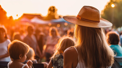 young adult woman with her child, son, at a village festival or city festival at sunset, sun hat and crowd