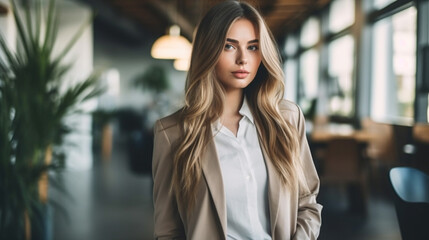 Fototapeta premium young adult woman with long blond-brown hair and beige suit and white shirt in an office with glass window during the day and seating and retractable seats, indoor, bucket plant, caucasian, 20s, 30s