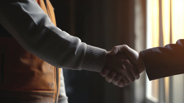 two adult men shake hands, make peace with neighbor or sign contract, advice and sale, broker and customer,