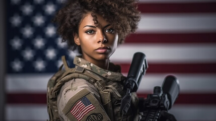 Naklejka premium american soldier with machine gun stands in front of the american flag, flag usa, america, american, soldier weapon, a woman