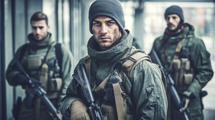 Fototapeta premium squad of soldiers in uniform with machine guns, men, fictional, resistance fighters or rebels of a rebellion or uprising or radical