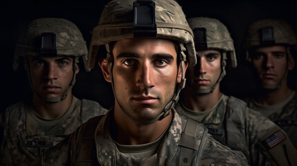 Fototapeta premium american soldiers stand , USA, America, Soldier in uniform, short shaved hair, multiracial, multiethnic, man men