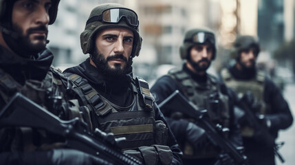 Fototapeta premium Soldiers with caps and goggles and machine guns in a residential town, wearing protective clothing and bulletproof vests, full beard
