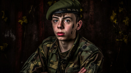 Obraz premium young teenager, boy is a soldier with uniform and backpack and weapons, in the dark, fictional