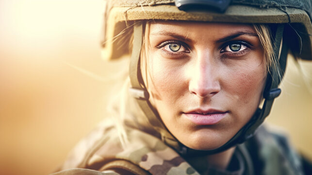 Young Adult Woman Is In The Military Is A Soldier With Uniform And Helmet, Army And Federal Armed Forces, Ready To Fight Or Basic Training In The Military