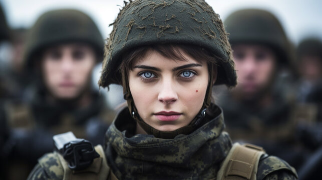 Young Adult Woman Is In The Military Is A Soldier With Uniform And Helmet, Army And Federal Armed Forces, Ready To Fight Or Basic Training In The Military