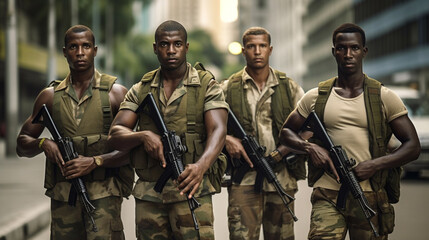 dark-skinned policemen or mercenaries or soldiers or park rangers in green uniform, fictional place