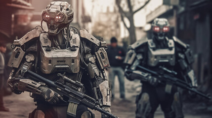 terror in the civil population by aggressive robots, humanoid android with artificial intelligence,...