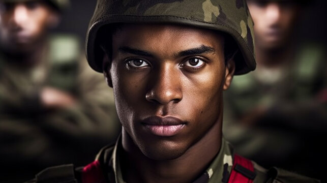 dark-skinned policemen or mercenaries or soldiers or park rangers in green uniform with helmet, fictional place