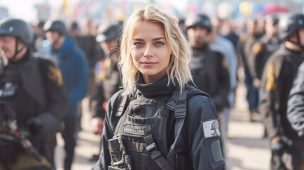 Fototapeta premium police officers in full gear and uniform with safety protective gear and bulletproof vests in a team and squad than a dozen police officers, in a city on a street