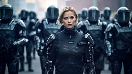 futuristic police officers with body armor plates, white, young adult female, military or police or security officer, combat suit, robot and technology - obrazy, fototapety, plakaty