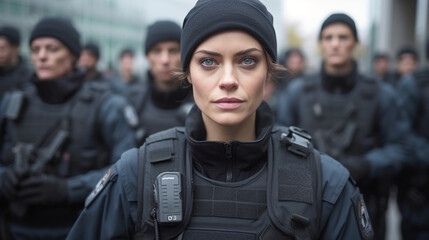 Fototapeta premium police officers in full gear and uniform with safety protective gear and bulletproof vests in a team and squad than a dozen police officers, in a city on a street