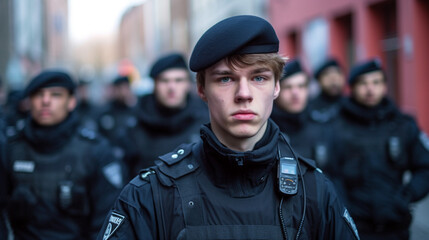 Fototapeta premium police officers in full gear and uniform with safety protective gear and bulletproof vests in a team and squad than a dozen police officers, in a city on a street